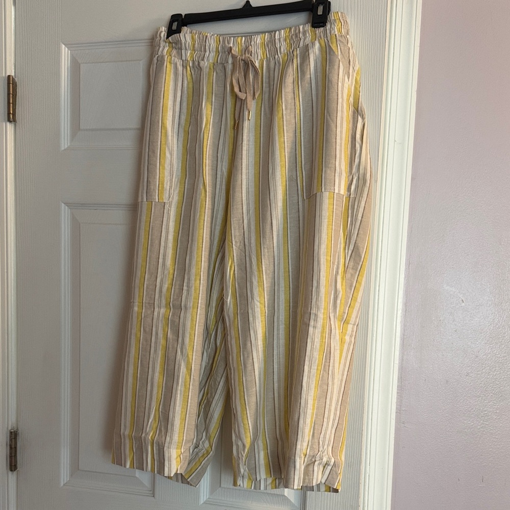 Striped Yellow & Cream Capris with Elastic Waist
